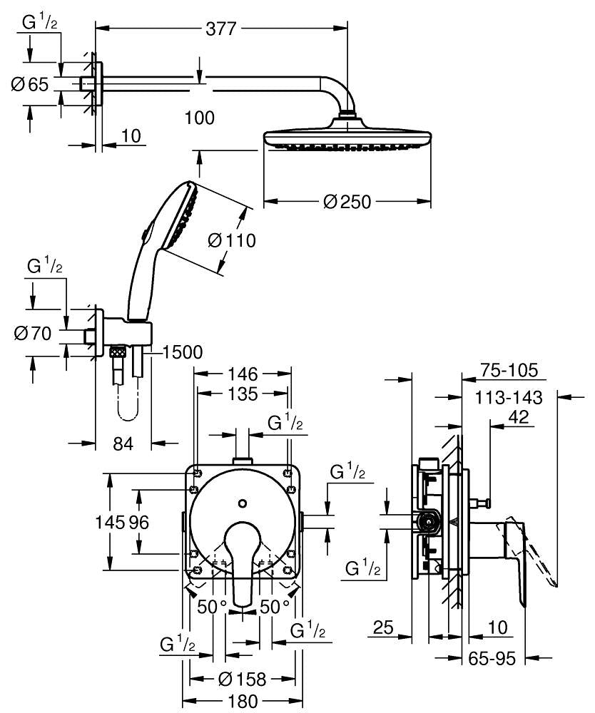 GROHE Duschsystem Start – Schlauch 150 cm, Metall, Umschaltdrehgriff, Chrom