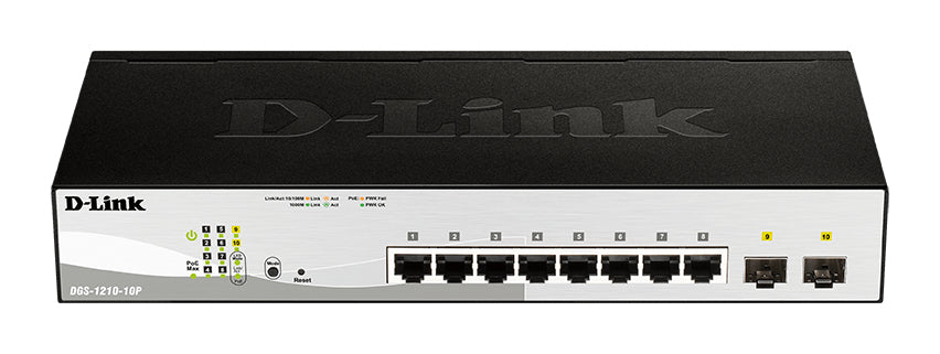 D-Link DGS-1210-10P/E – Verwalteter L2 Switch – 8× 1G, 2× SFP, PoE/PoE+, PoE-Budget 78 W, 19", 1U