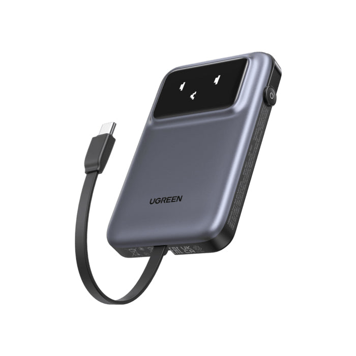 Ugreen Powerbank 10000 mAh, PD 30 W, 1× USB-C (integriertes Kabel), TFT-Display
