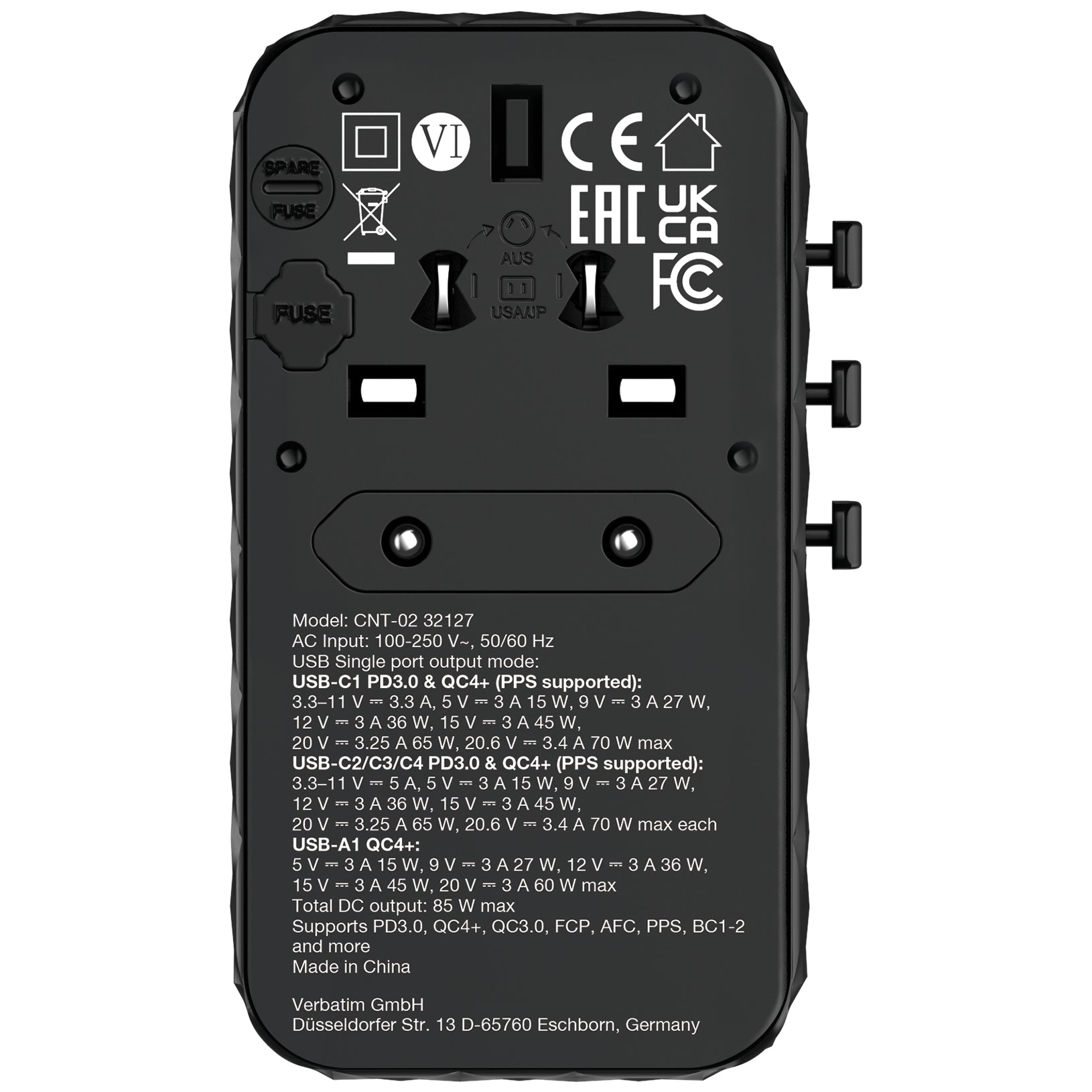 Verbatim Charge 'n' Travel Diamond Ladegerät – 85 W, mit einziehbarem Kabel