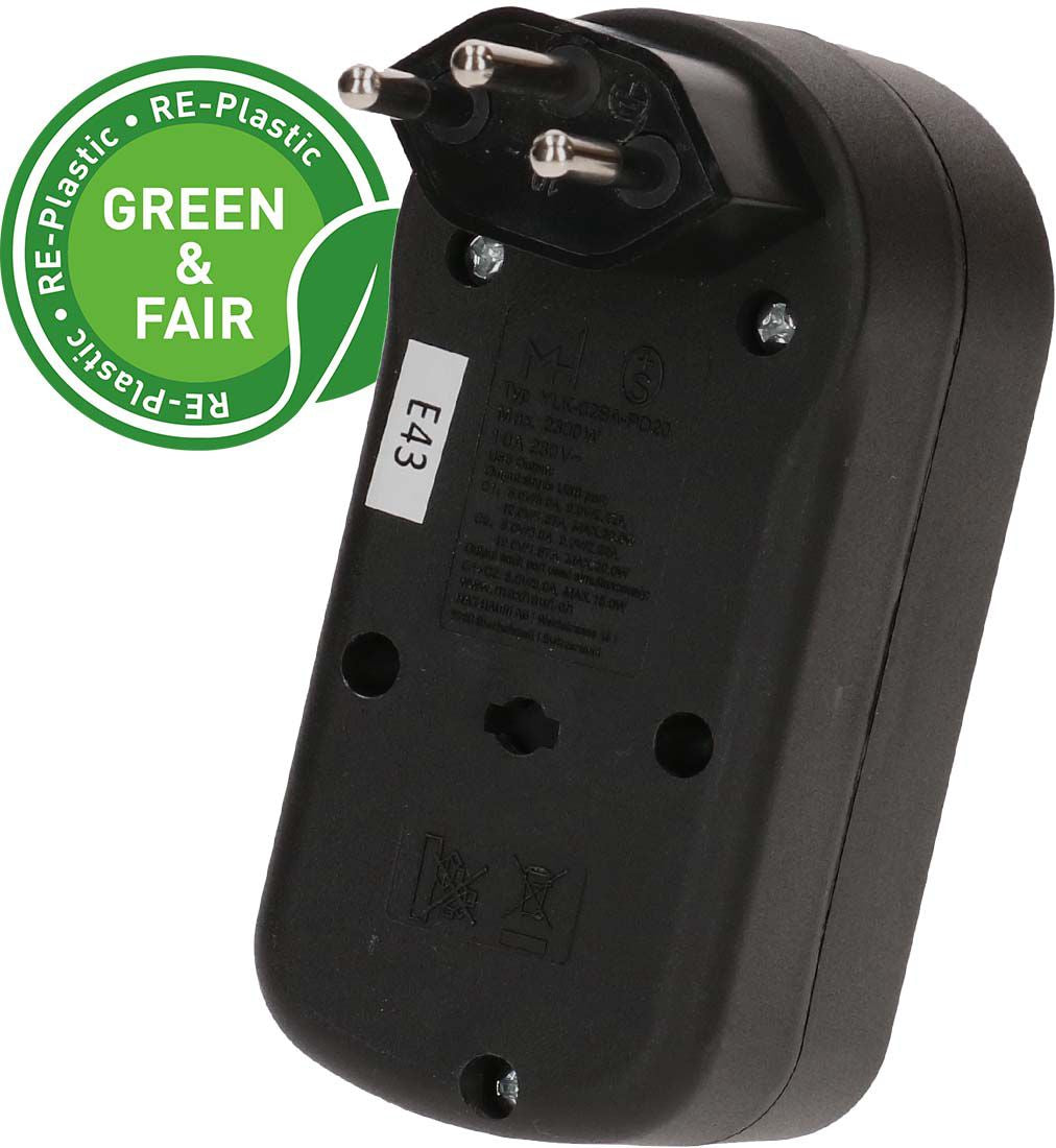 Max Hauri AG Max Hauri ADAPT Abzweigstecker 1×T13 – USB‑C×2, PD 20 W – T12 Eingangsstecker (abgewinkelt) – schwarz