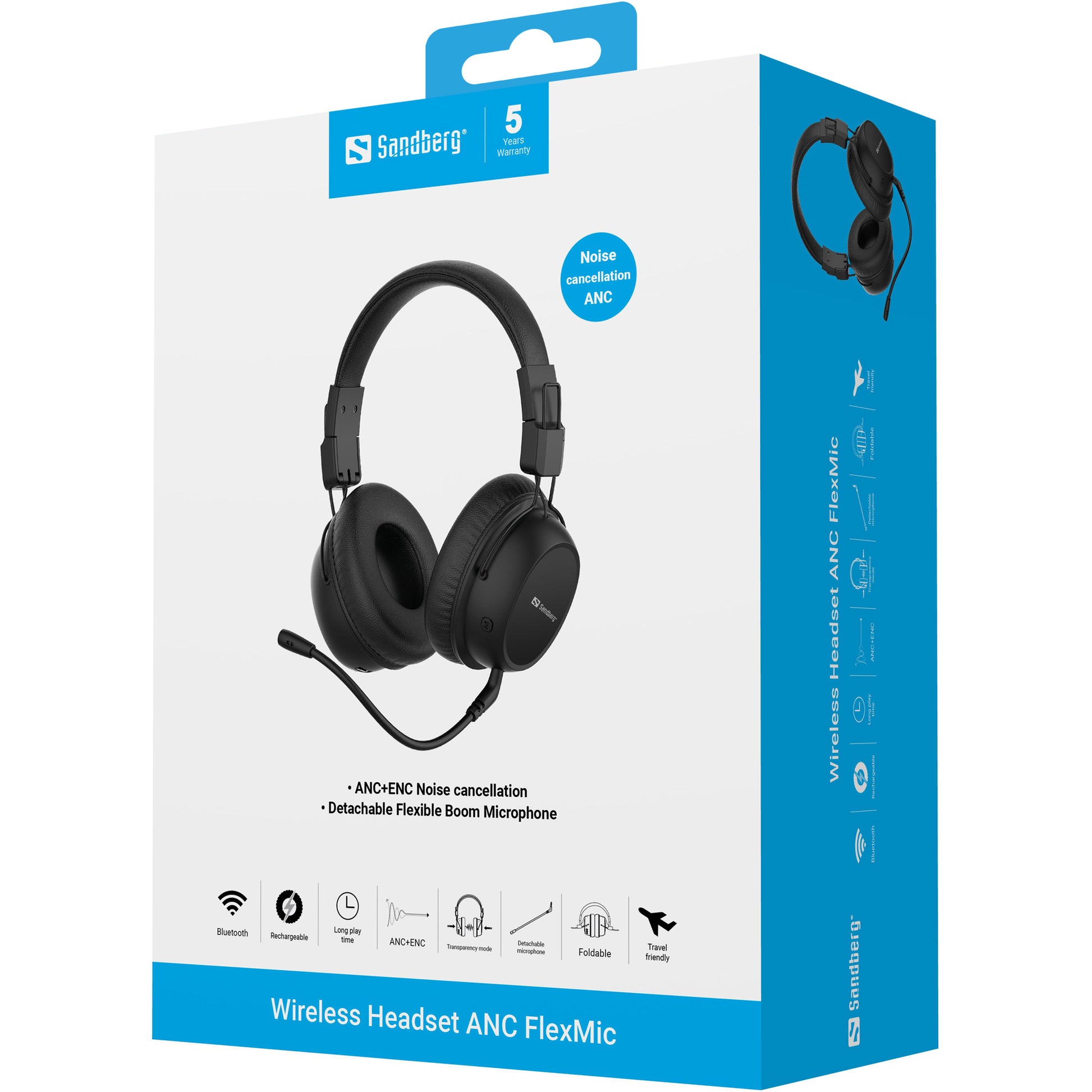 Sandberg FlexMic – Gaming-Headset Over-Ear – Bluetooth, ANC, Abnehmbares Mikrofon – Schwarz – bis 13 h