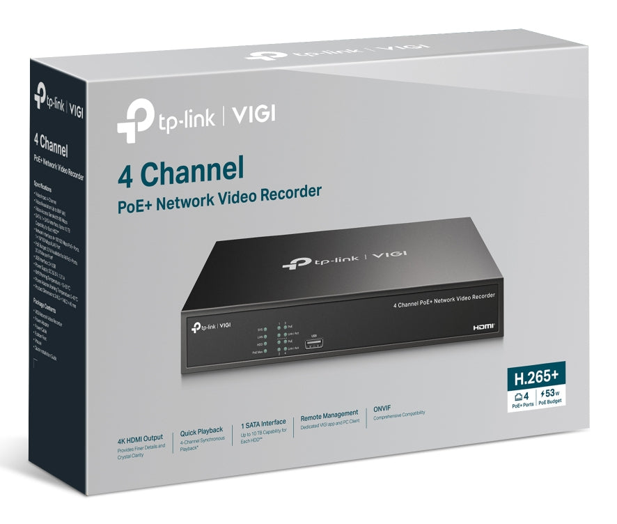 TP-Link VIGI NVR1004H-4P-2TB – 4K – PoE – 2 TB HDD – 4 Kanäle
