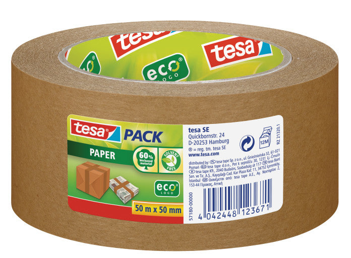 tesapack PAPER ecoLogo – Verpackungsklebeband, Papier, Braun, von Hand einreissbar – 50 mm × 50 m