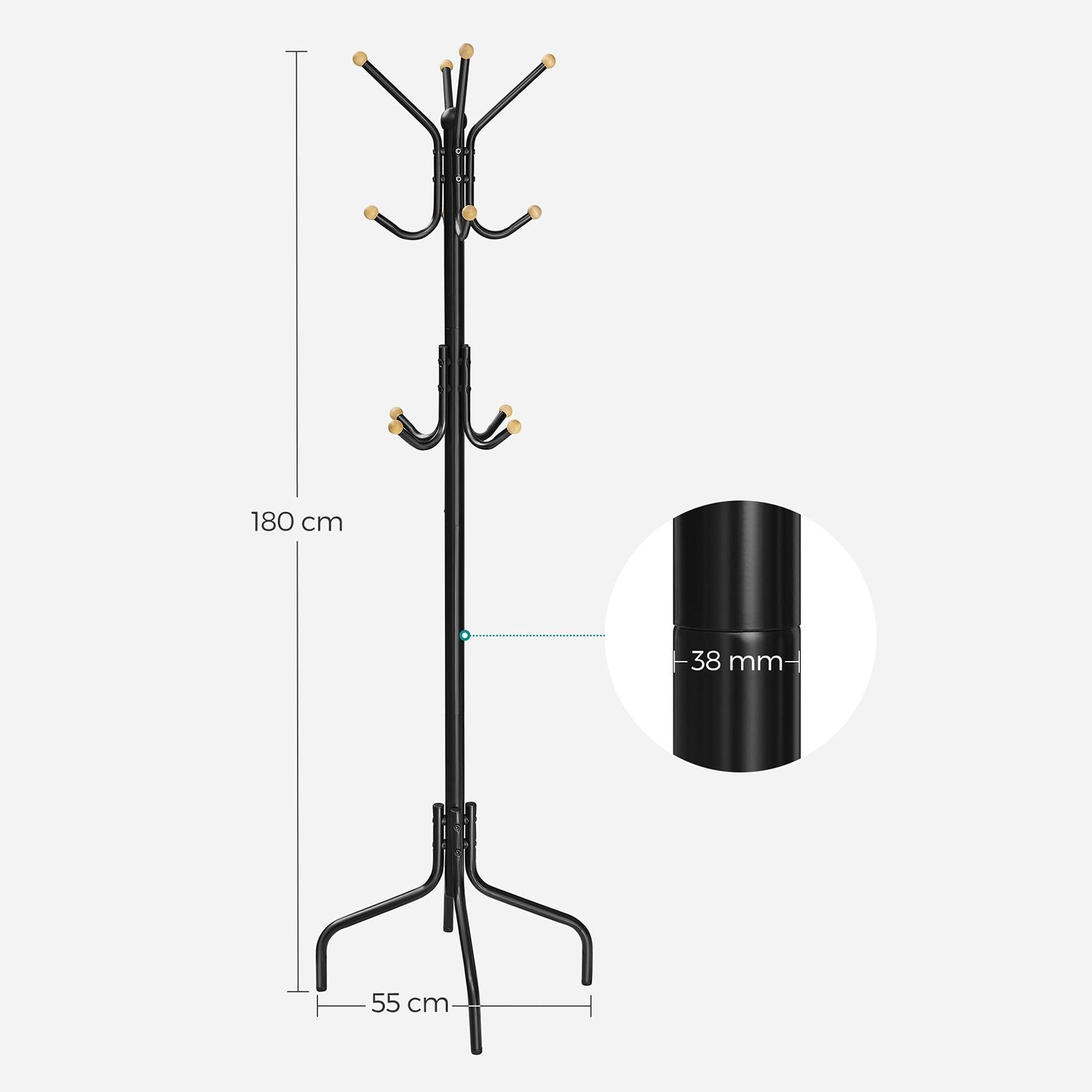 Songmics Garderobenständer – 12 Haken, Stahl, Schwarz, 55 × 55 × 180 cm