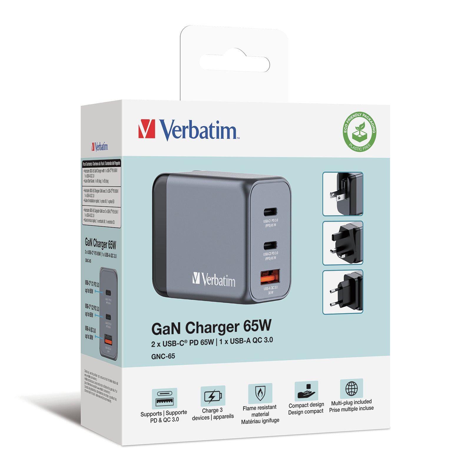Verbatim GNC-65 USB-Ladegerät 65 W – USB-C×2, USB-A×1 – PD, PPS, QC 3.0, GaN