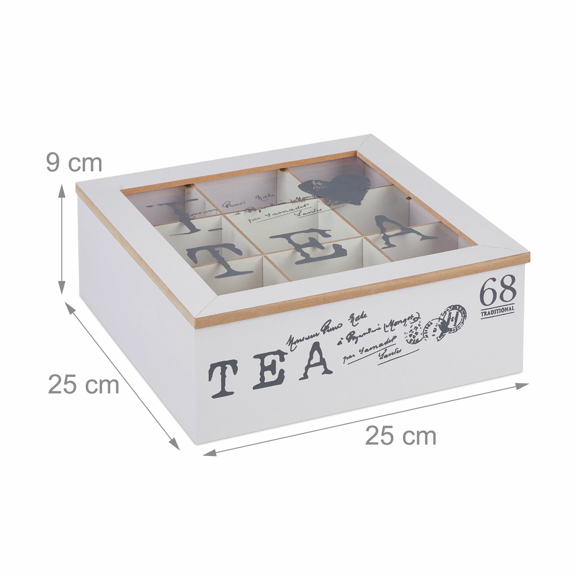 Relaxdays Teebeutelbox Acryl/MDF, 9 Fächer, 25 × 25 × 9 cm, Grau/Weiss