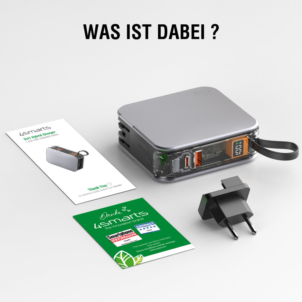 4smarts Powerbank 10000 mAh, PD 20 W, 2× USB-C, Durchgangsladung, für Smartphones, Silber