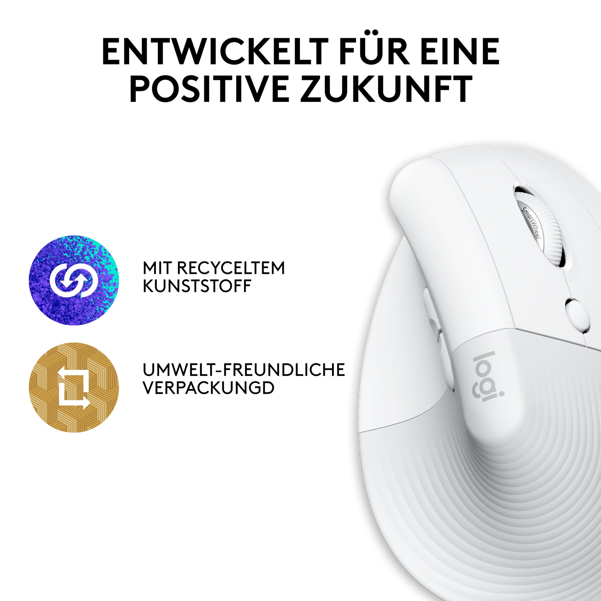 Logitech Lift für Mac Ergonomische Maus – kabellos, Easy-Switch, aus recyceltem Material, weiss