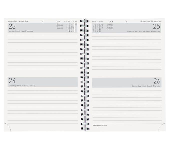 Biella Agenda – 2 Tage pro Seite, Spiralbindung, 14,5 × 20,5 cm, Jan–Dez 2026, grau, FSC