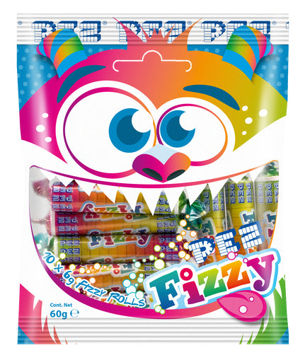 PEZ Fizzy Rollen Beutel Fruchtgummi – Apfel, Zitrone, Orange, Erdbeere – 60 g