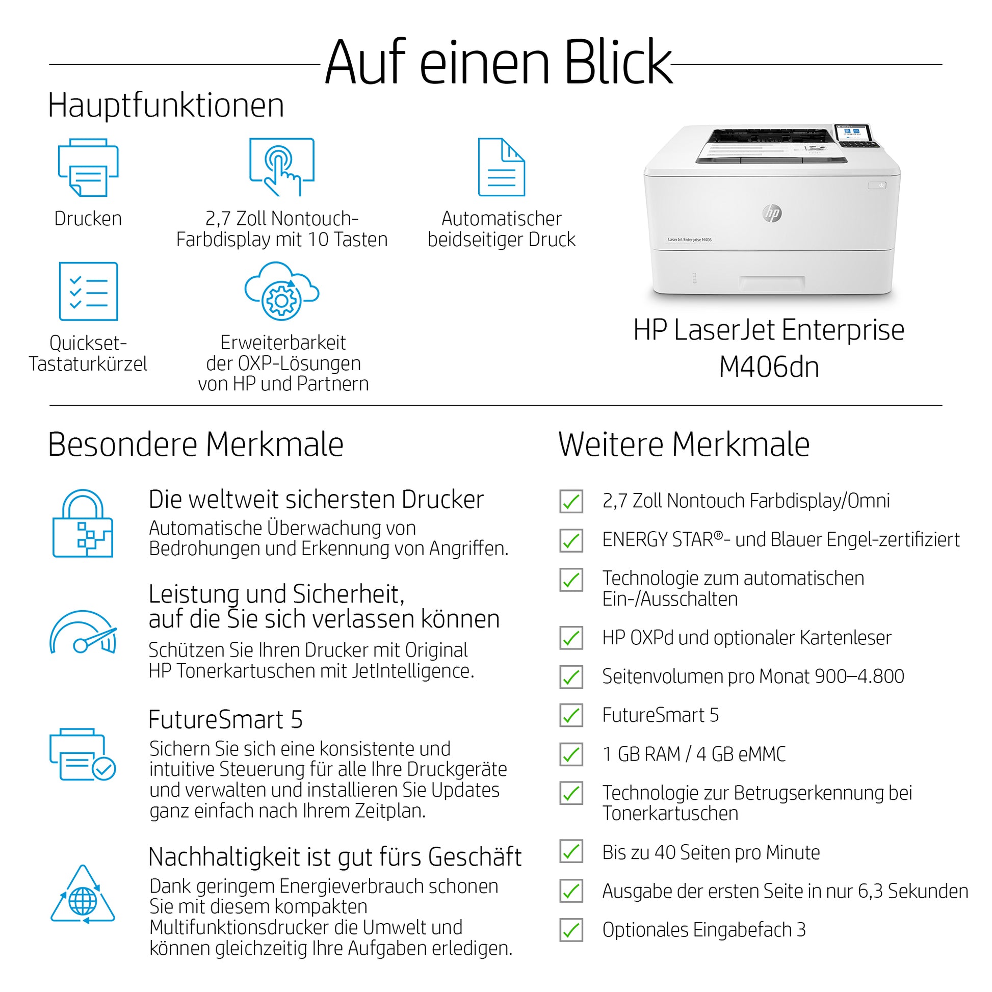 HP LaserJet Enterprise M406dn – S/W, Duplex, 42 S./Min., 1200 × 1200 dpi, LAN, Papier: 350 Blatt