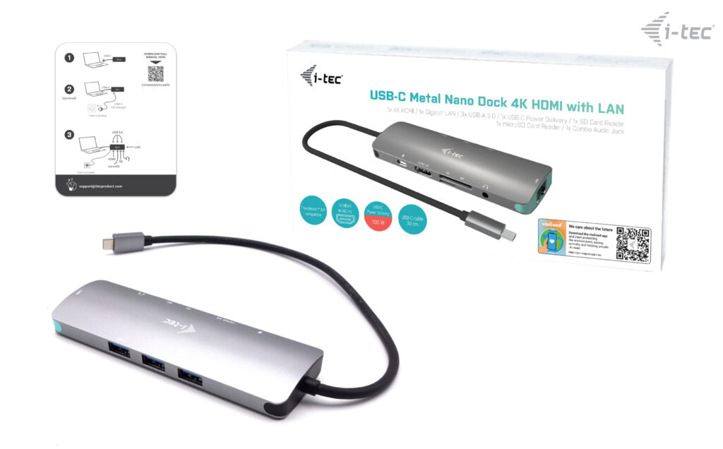 i-tec MetalNano Dockingstation – USB-C, 1× HDMI, 3× USB-A, 100 W PD, GbE, SD/microSD, für Windows/Mac/Linux