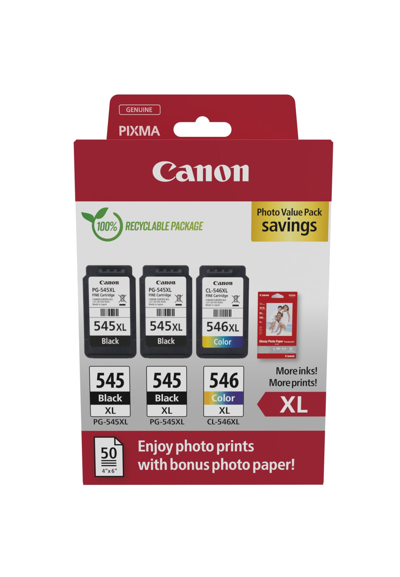 Canon Tintenpatronen-Multipack PGCL545/6, 2× Schwarz XL + 1× CMY XL, Original – für Pixma iP2850