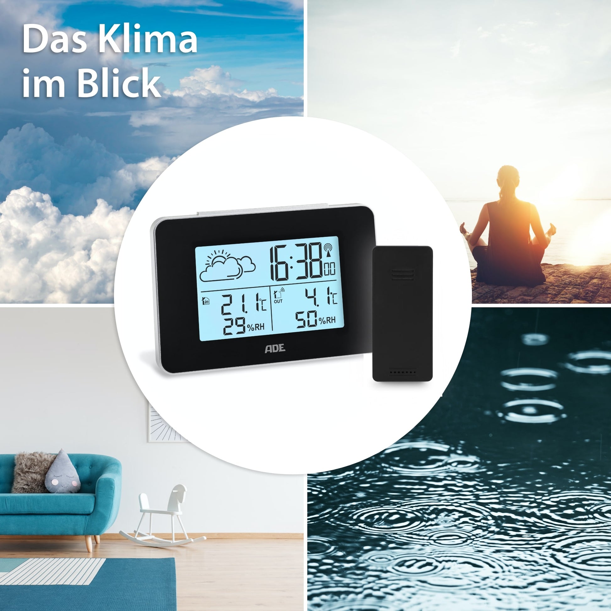 ADE WS2136-1 – Wetterstation, Funk, innen/aussen, Barometer, inkl. Aussensensor – schwarz (2er-Pack)