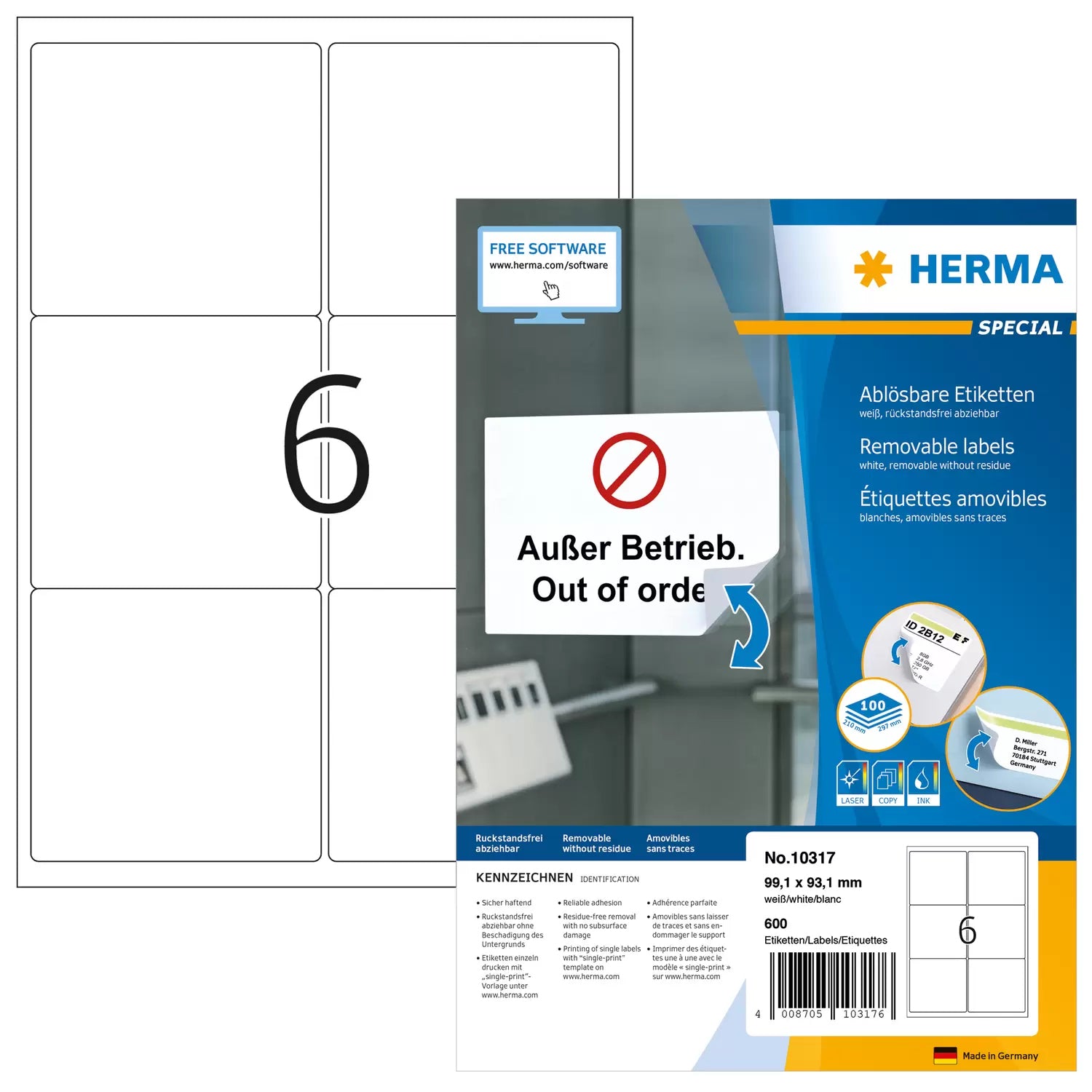 HERMA Etiketten auf Bogen, 99 mm × 93 mm, weiss, Papier, wiederablösbar, 100 Blatt (600 Etiketten)