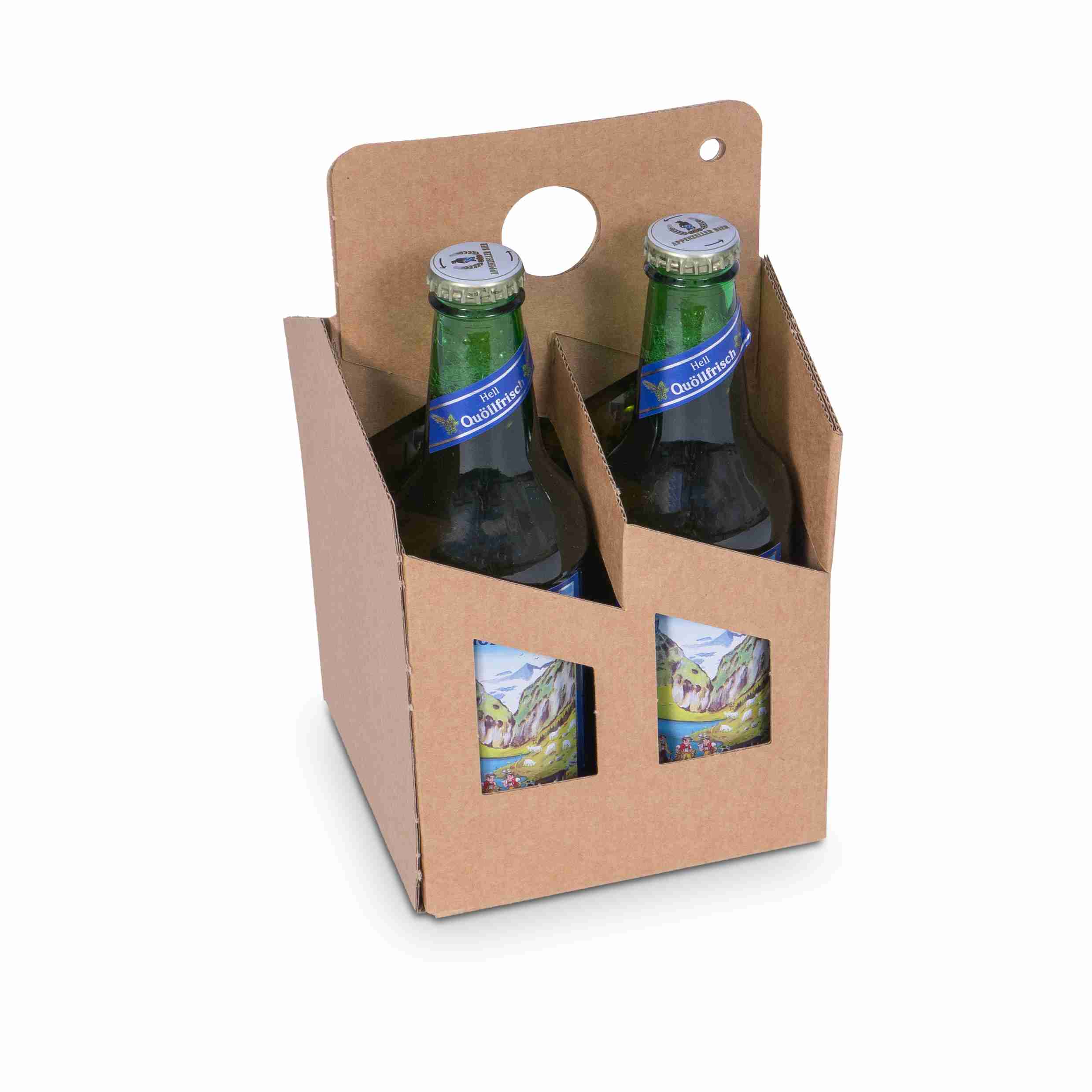 Model Präsentkarton braun – Innenmass 126 × 155 × 126 mm – mit Sichtfenster, mit Tragegriff – für 4 Flaschen – 1 Stk., ab 1'000 Stk.