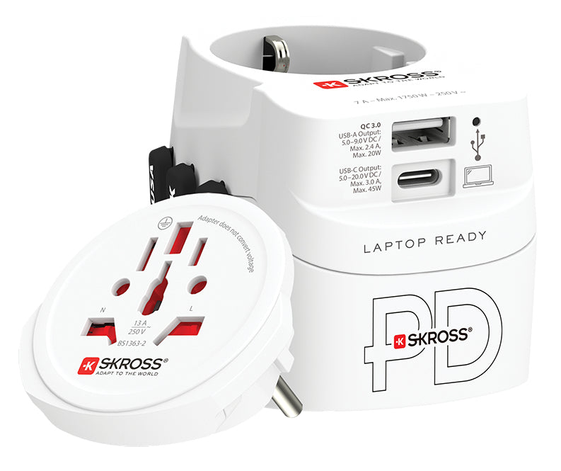 SKROSS – Reiseadapter – Universal → Universal, USB-C/USB-A (PD 45 W), bis 1'750 W – weiss