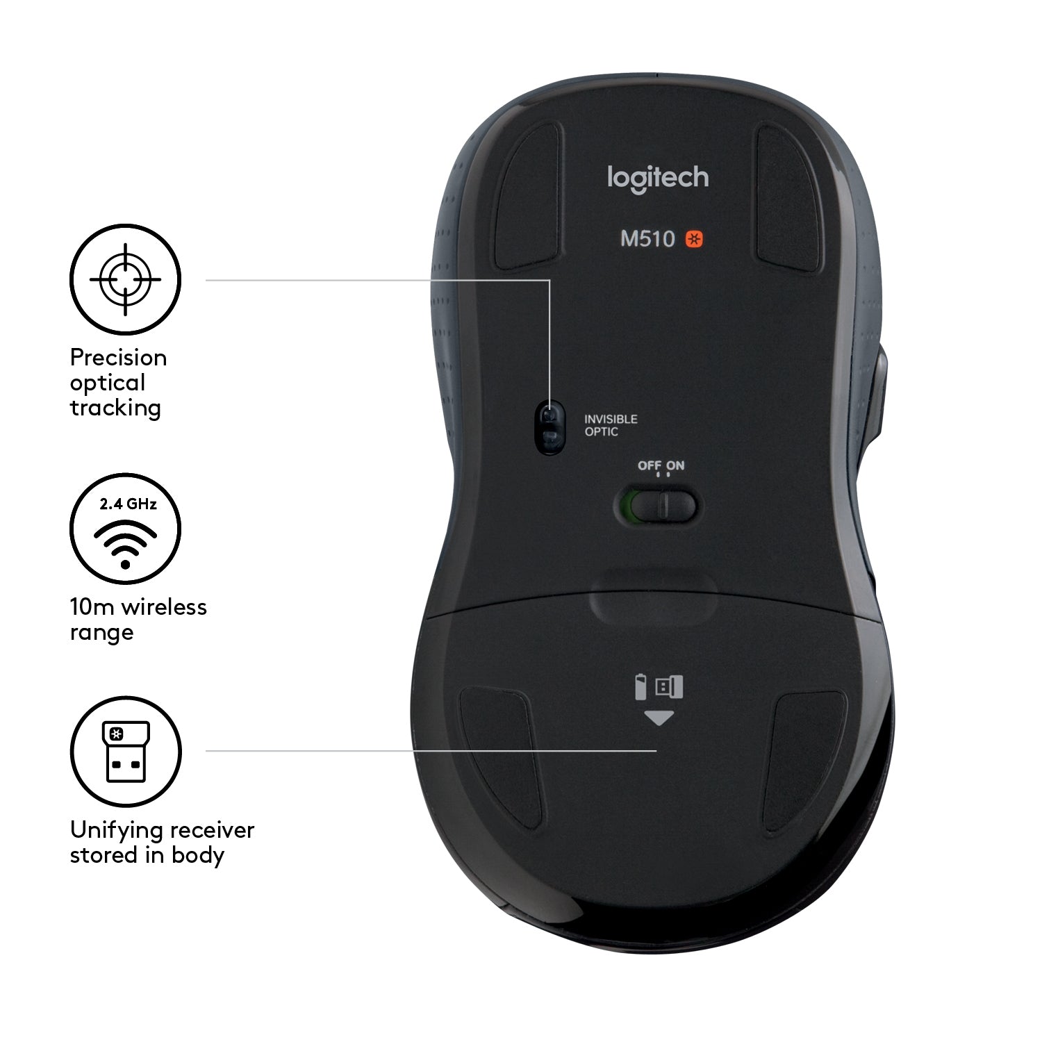 Logitech M510 Maus – kabellos, USB-A, schwarz