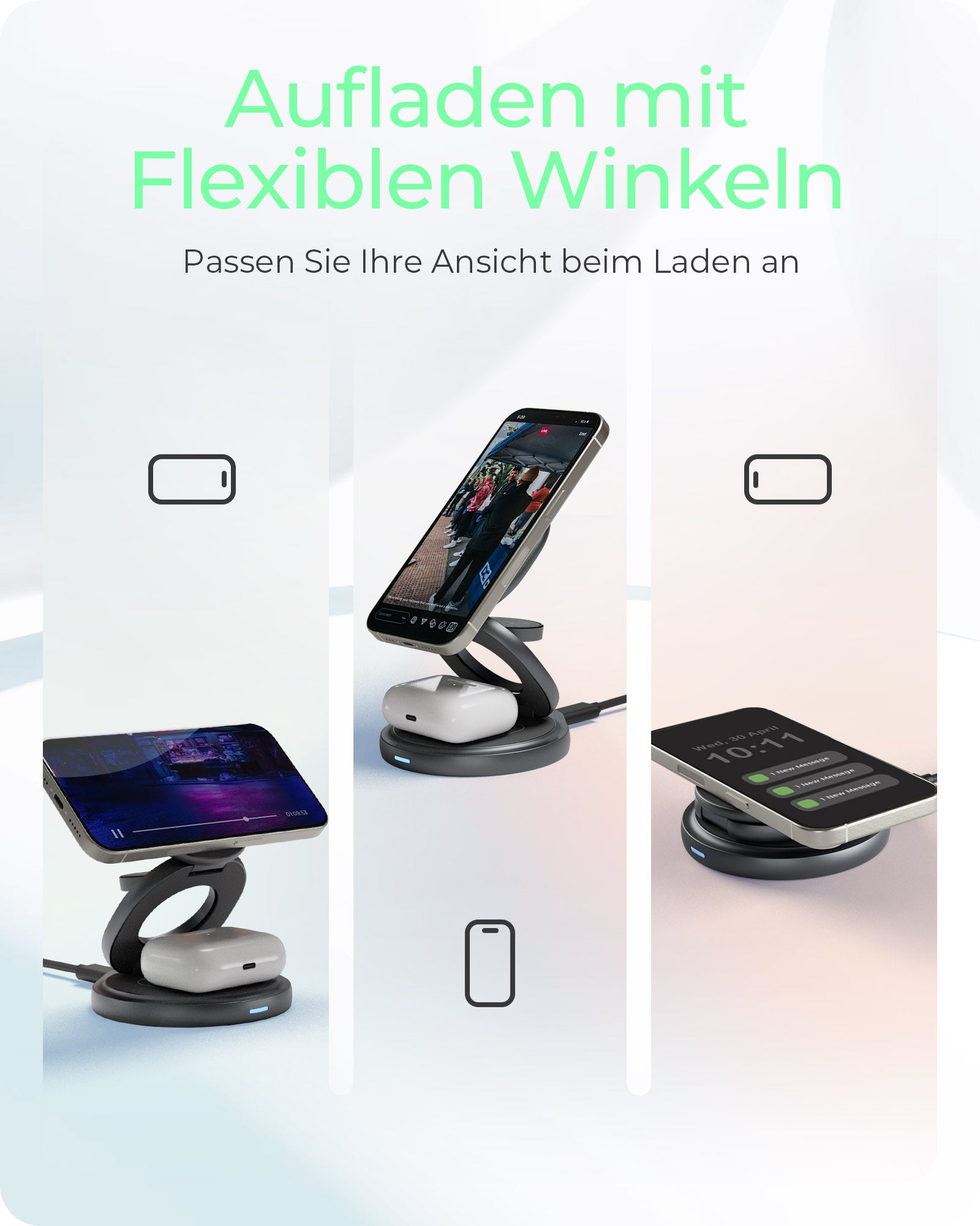 ICY BOX IB-SH101-CH 3-in-1 Ladeständer – Qi – 15 W/2,5 W/3 W – für iPhone/Samsung Galaxy/Apple Watch – Anthrazit