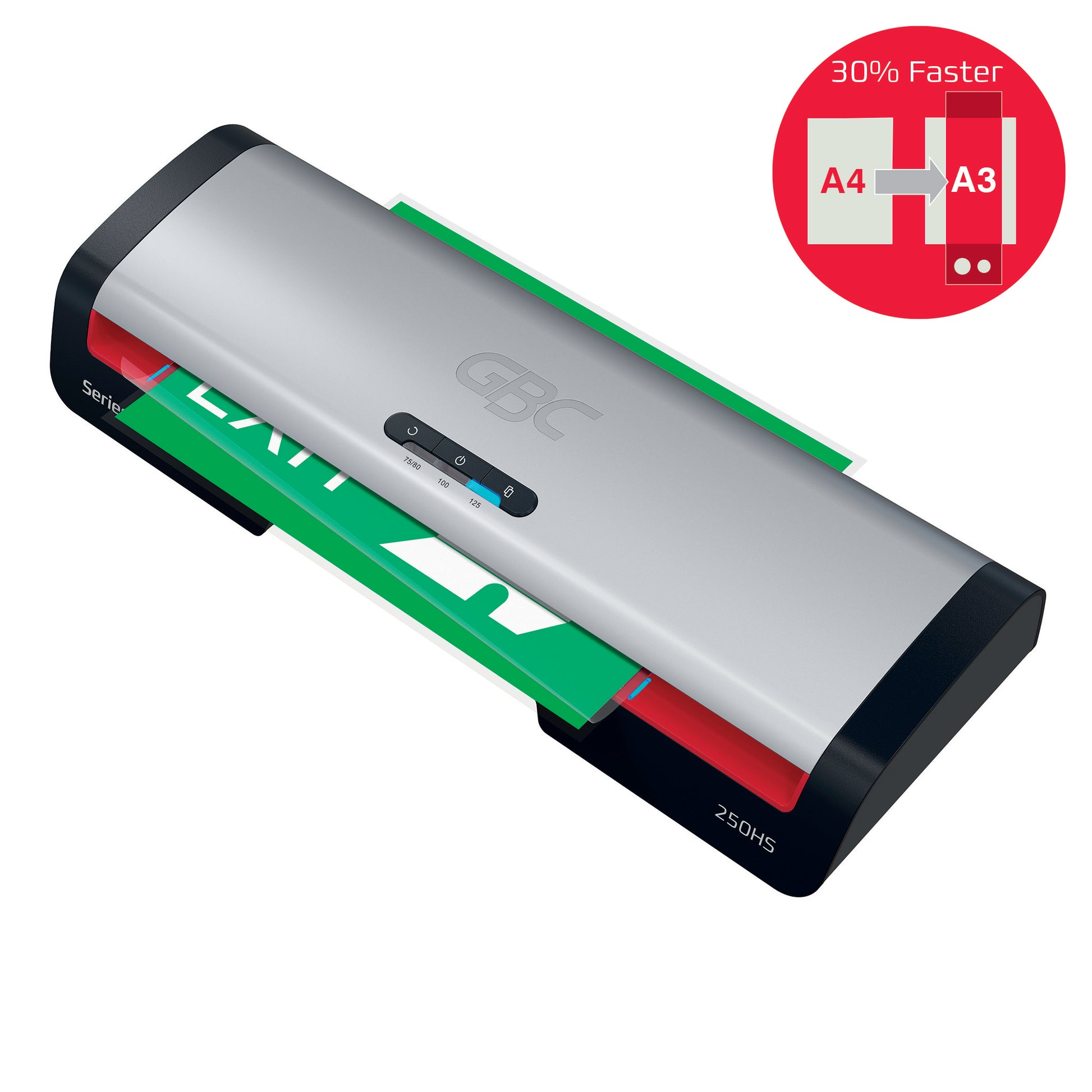 GBC 250HS Laminiergerät A3 – 2-Rollen, 250 µm, Aufheizzeit 1 Min., 500 mm/min, Schwarz/Silber/Rot