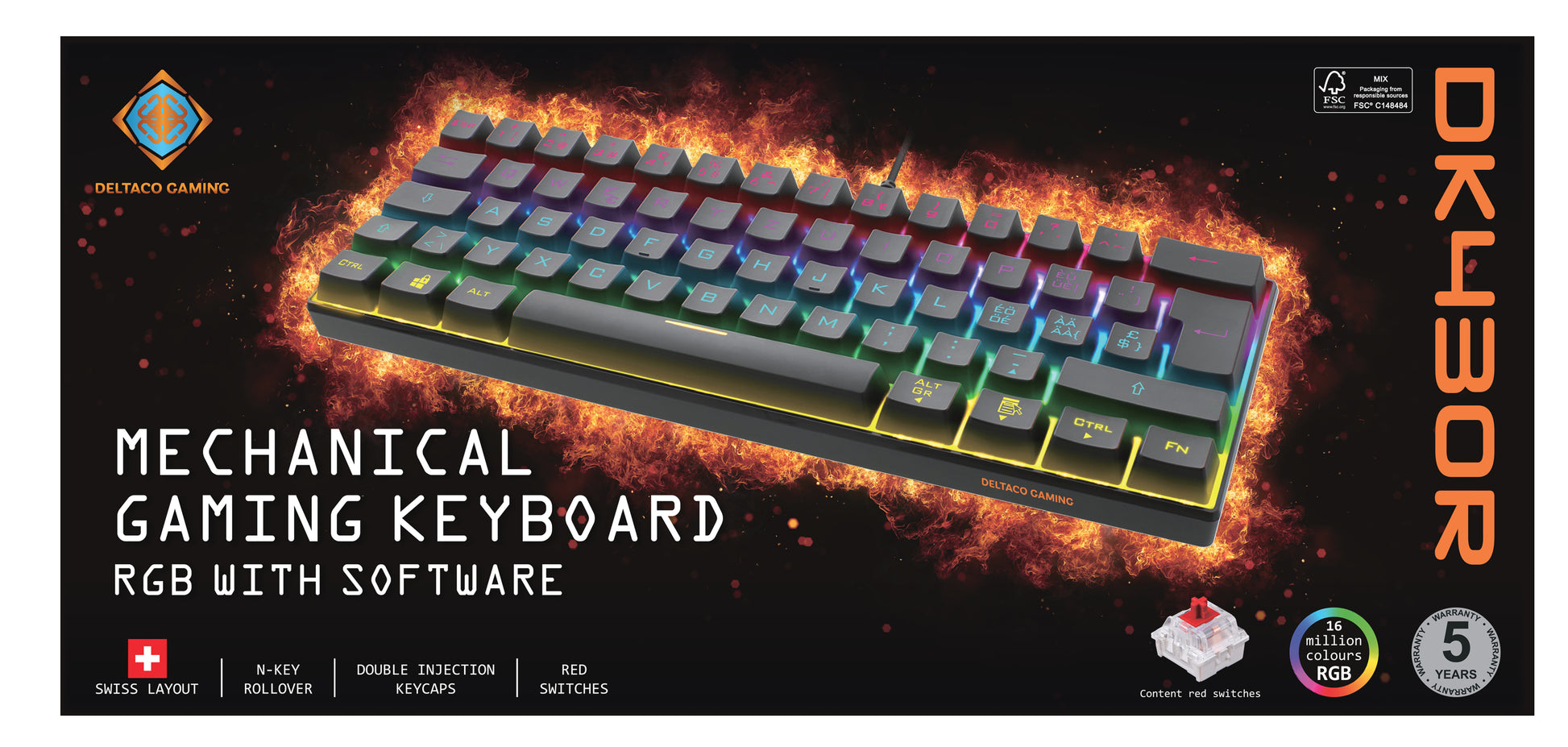 Deltaco Gaming GAM-075-CH – Gaming-Tastatur 60% – Mechanisch – Verkabelt, USB-A – QWERTZ (CH) – RGB