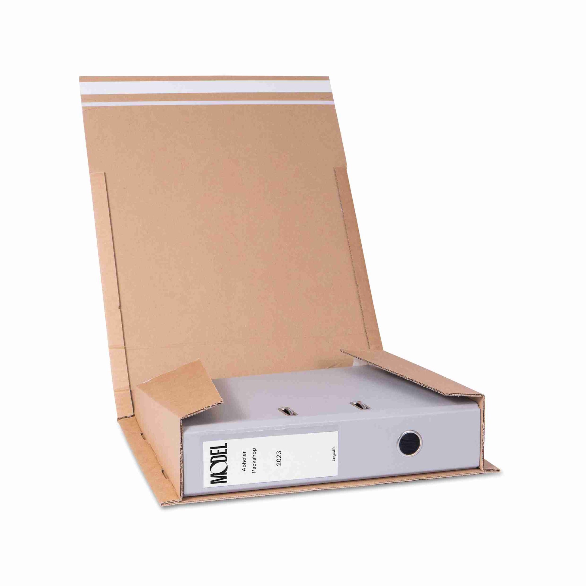 Model Versandverpackung – 320 × 290 × 80 mm, braun, Wellkarton, selbstklebend – 1 Palette (1'200 Stk.)