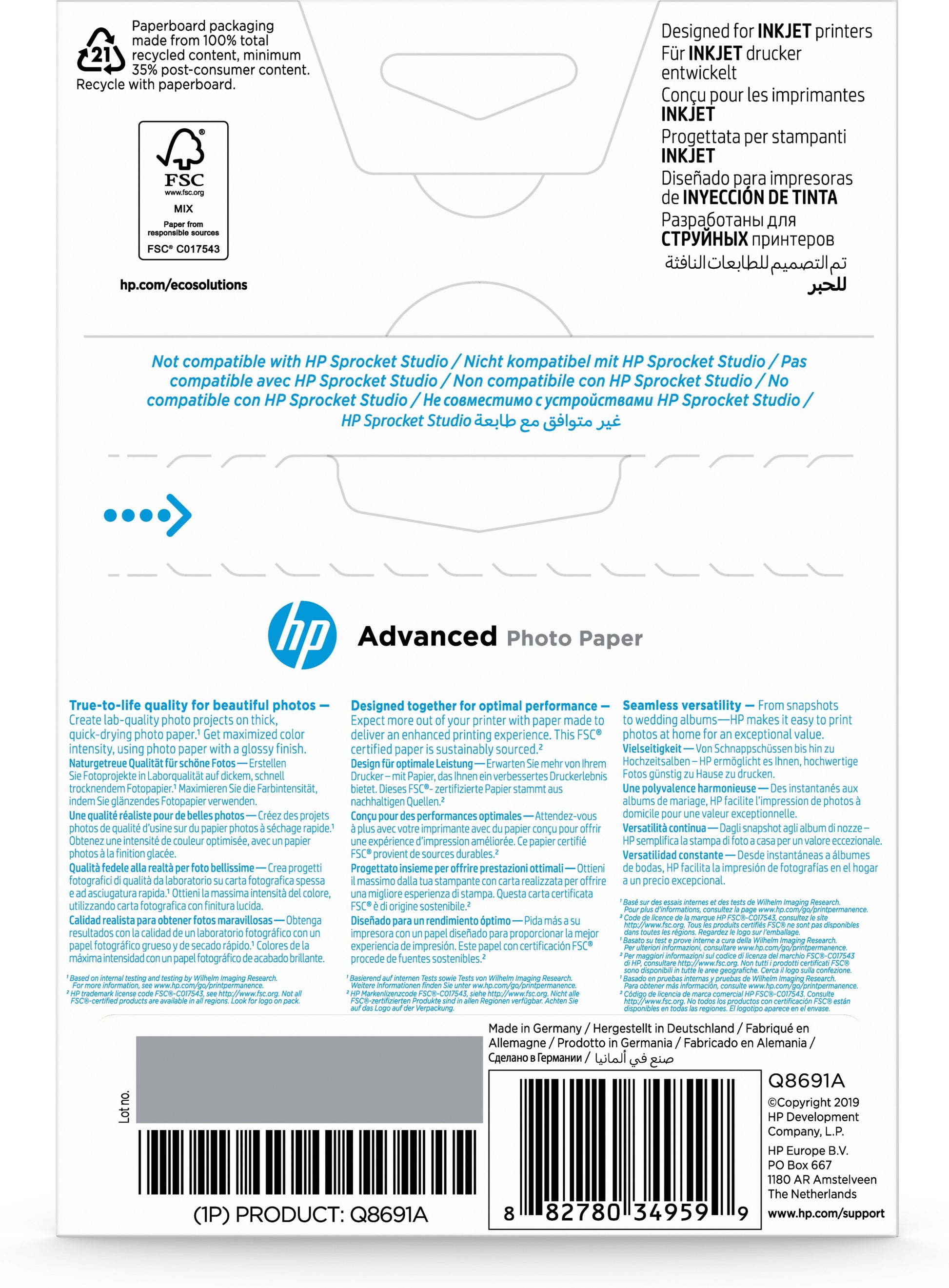 HP Fotopapier – hochglänzend, 100 × 150 mm, 250 g/m², 25 Blatt – für Inkjet-Drucker