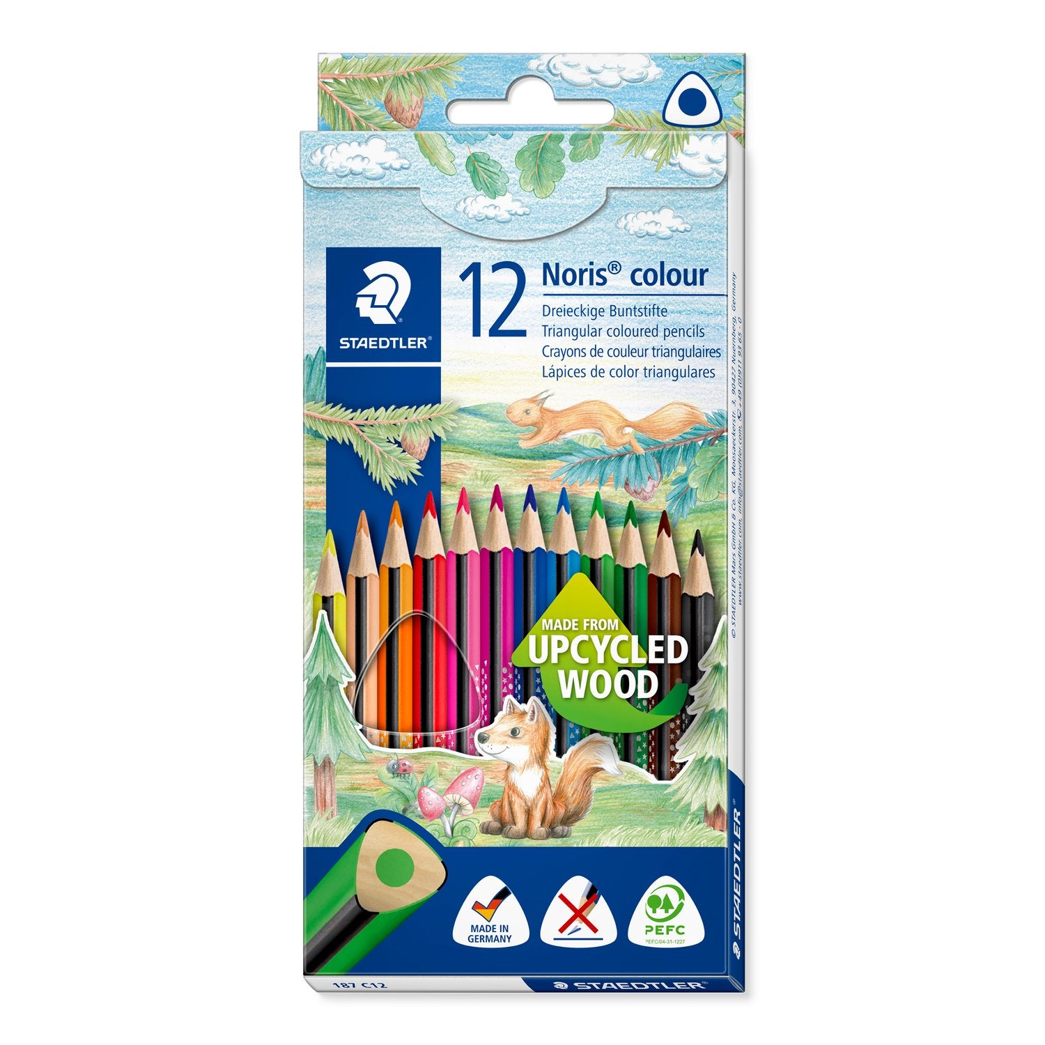Staedtler Noris colour Upcycling Buntstifte – 12 Farben, im Kartonetui, dreikantig, PEFC