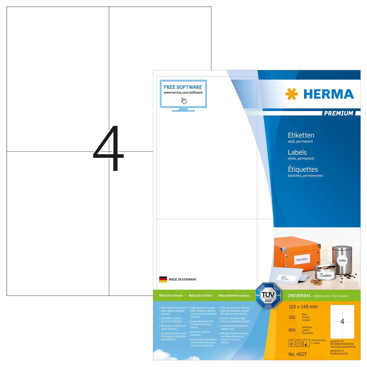 HERMA Bogenetiketten, 105 mm × 148 mm, weiss, Papier, permanent, 200 Blatt (800 Etiketten)