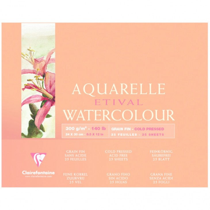 Clairefontaine ETIVAL Aquarellblock – 30,1 × 24 cm – 300 g/m² – geleimt – 25 Blatt, feinkörnig, für Aquarell