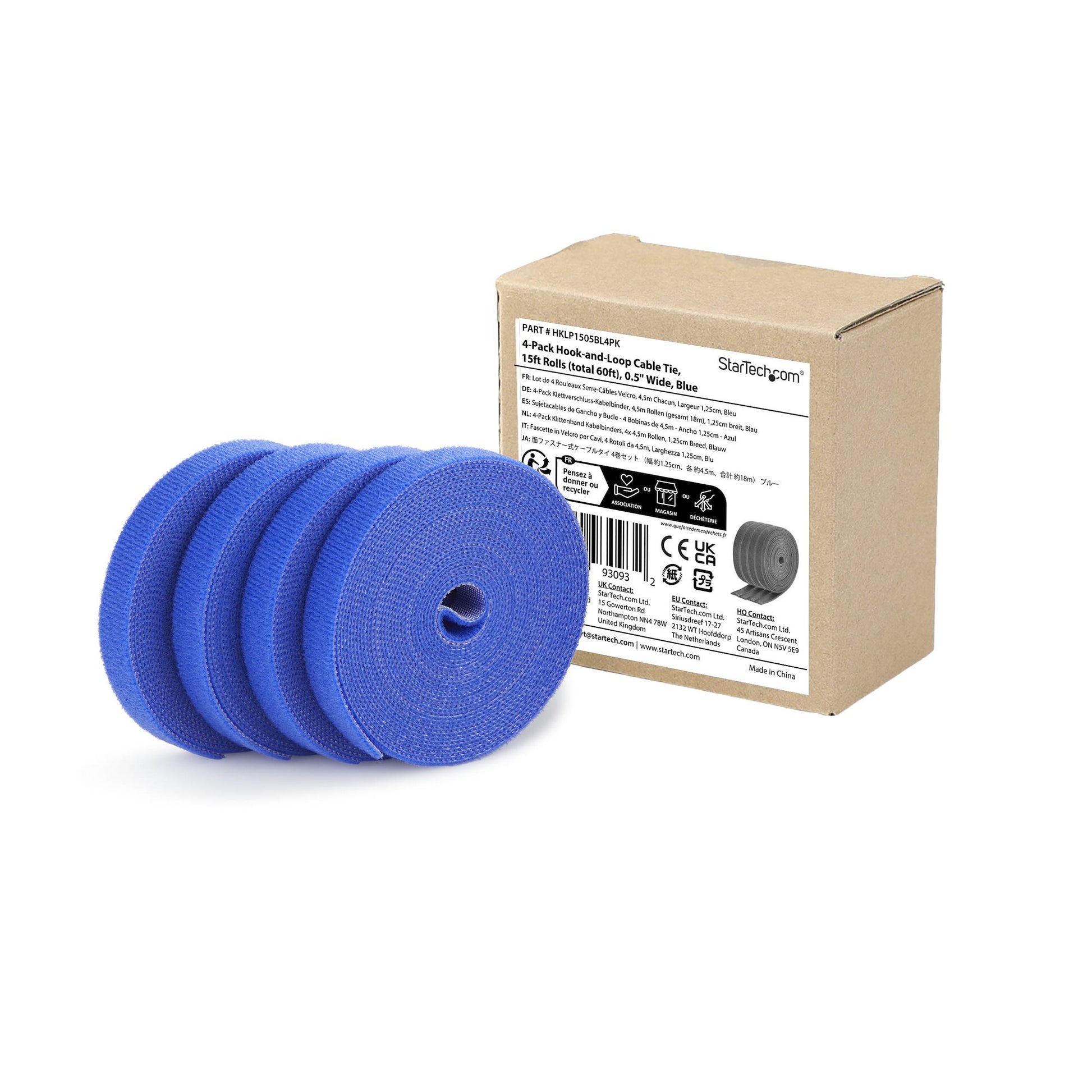 StarTech.com Klettbandrolle, 12,7 mm × 4,6 m, Blau, 4 Stück