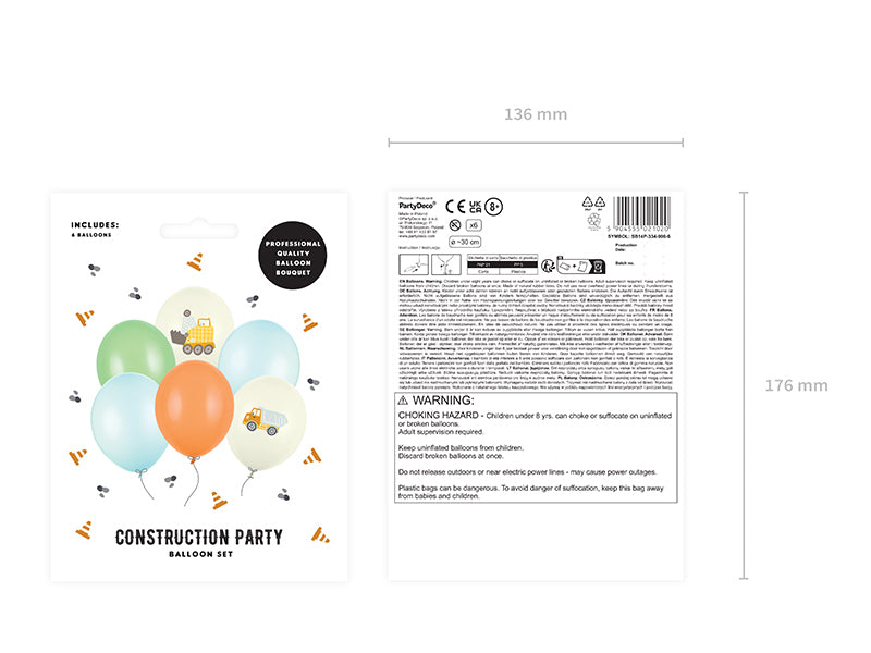 PartyDeco Luftballons Baustelle – mehrfarbig – Ø 30 cm – Latex – 6 Stk