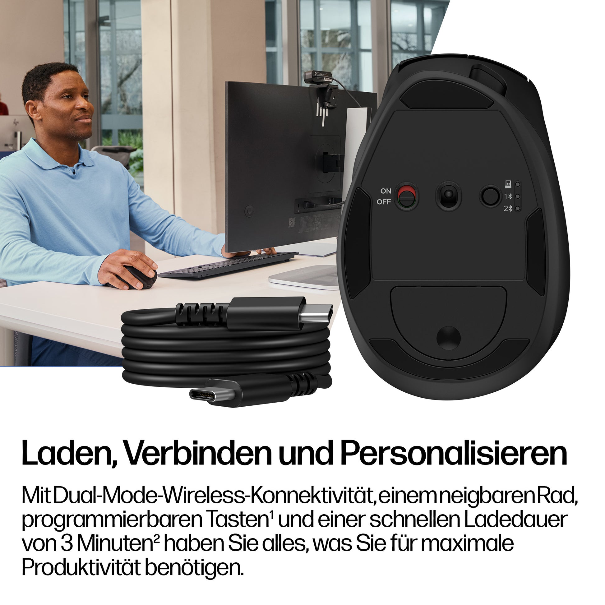 HP Tilt Ergonomische Maus 720M EURO – Maus – Kabellos (Bluetooth/2,4 GHz), 6000 DPI, Rechts, Schwarz