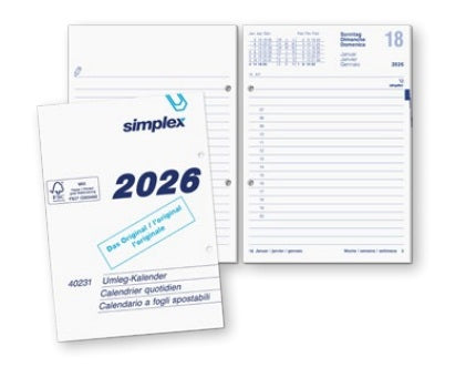 Simplex Kalender-Einlage – 1 Tag/Seite, 2-fach (70 mm), 12,5 × 17,5 cm, 2026