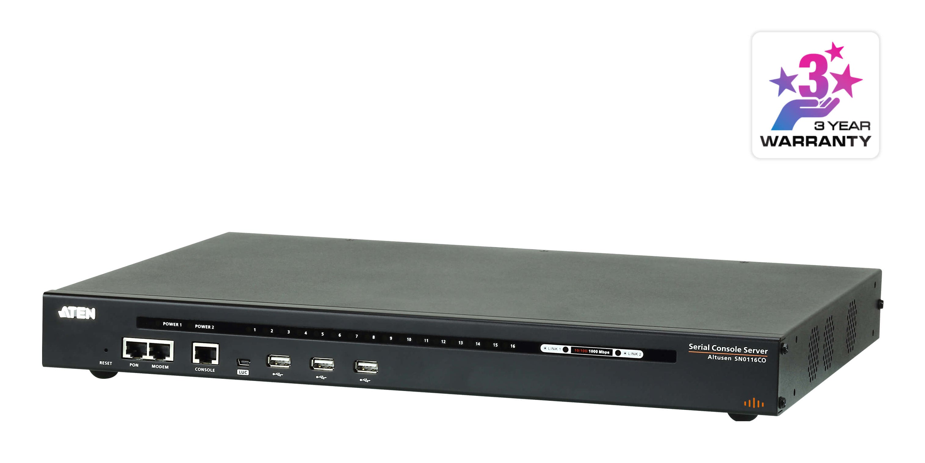 ATEN SN0116CO – Serieller Konsolenserver – 16×Seriell (RJ-45), 3×USB 2.0, Dual-LAN, Dual-Netzteil, Schwarz