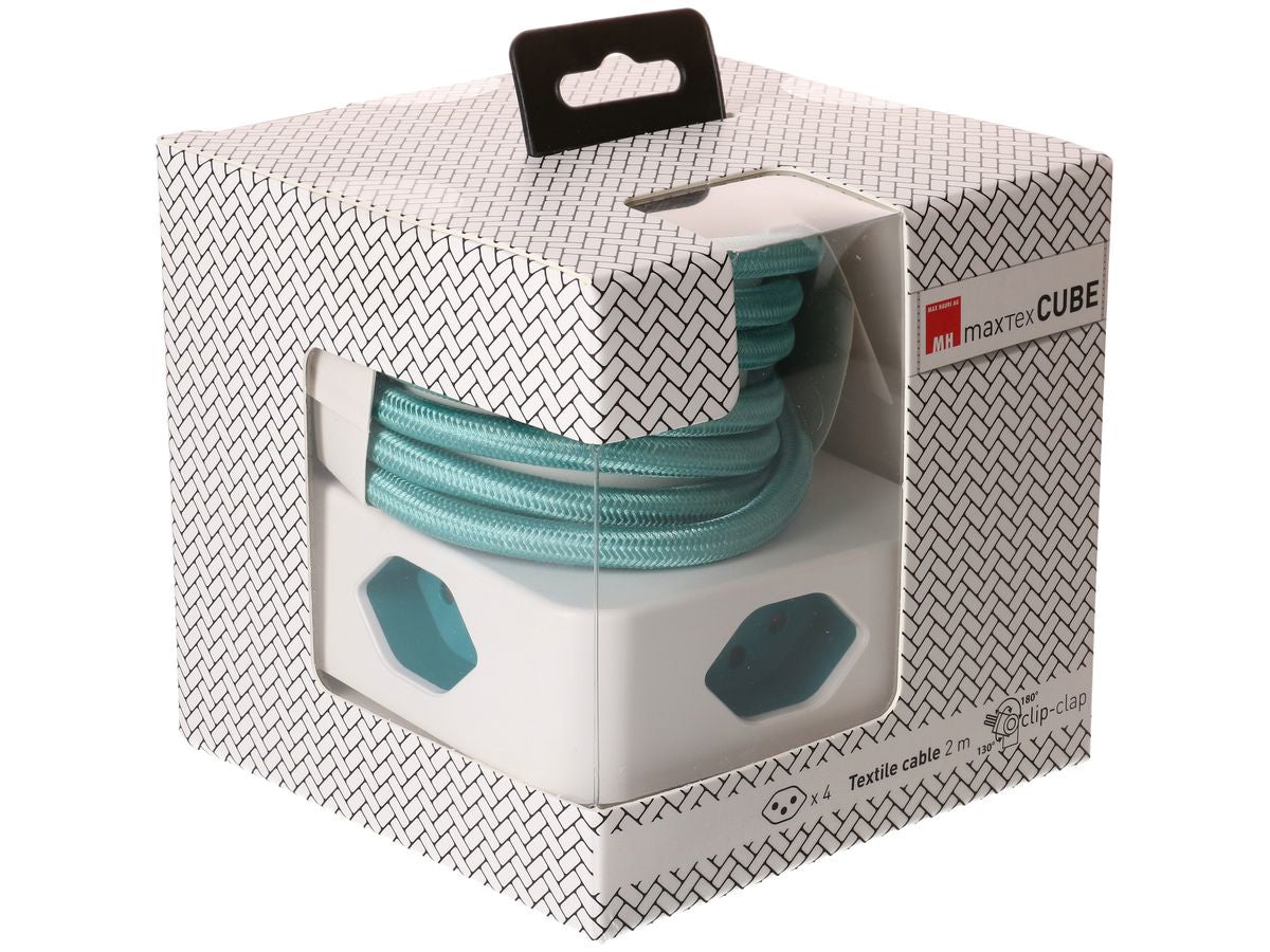 maxTEX Cube Steckdosenleiste – 4× T13, 2 m, ohne Schalter, IP20, weiss/türkis