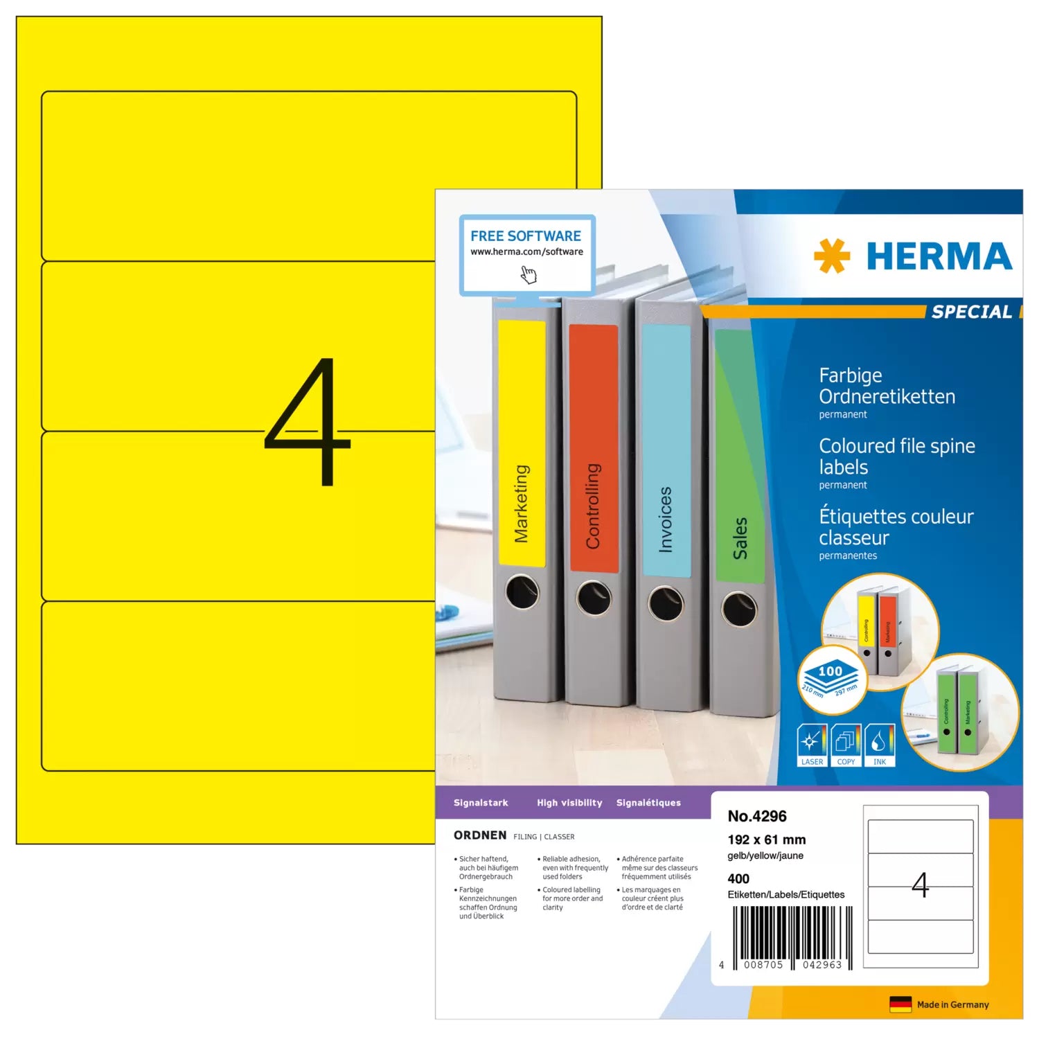 HERMA Ordneretiketten A4 192 × 61 mm – Papier, Gelb – Permanent haftend – Laser/Inkjet – 4 pro Blatt, 100 Blätter