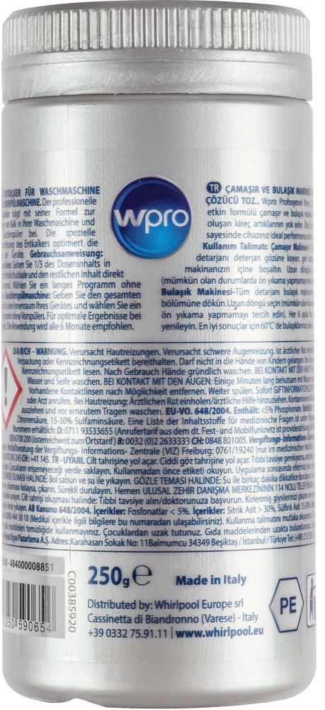 Wpro DES103 Entkalker – für Geschirrspüler und Waschmaschine – Pulver, Kanister – 250 g
