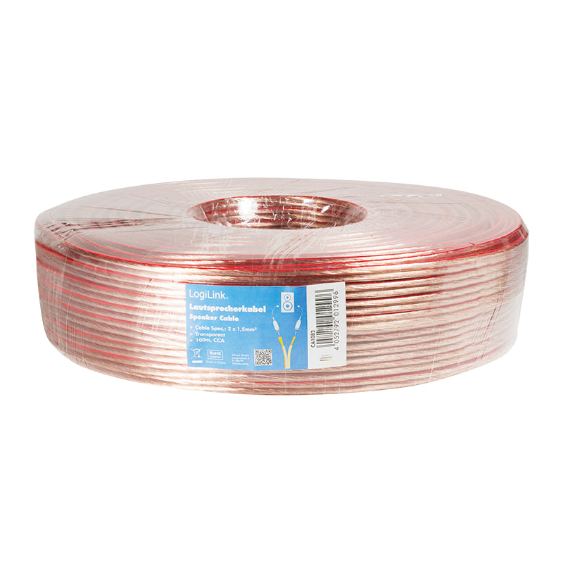 LogiLink Lautsprecherkabel – 100 m, 2×1,5 mm², Transparent