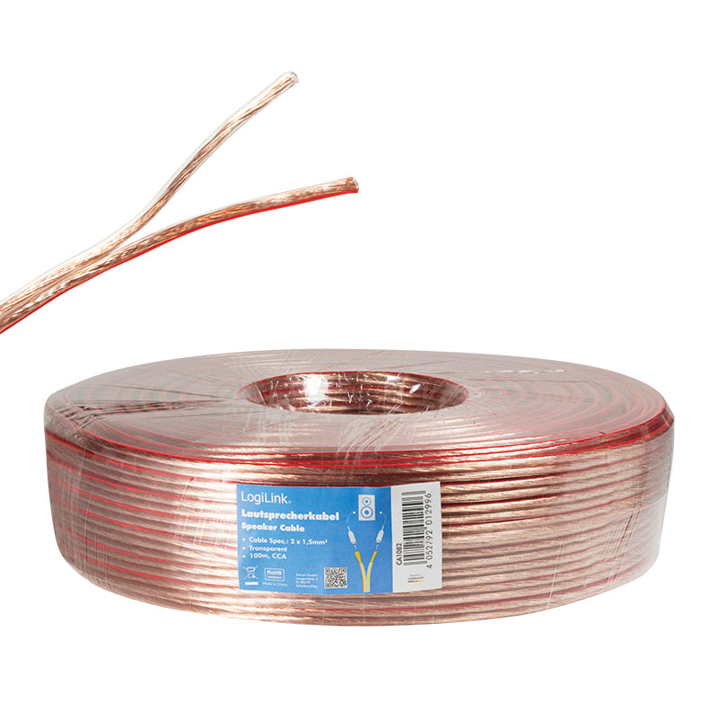 LogiLink Lautsprecherkabel – 100 m, 2×1,5 mm², Transparent