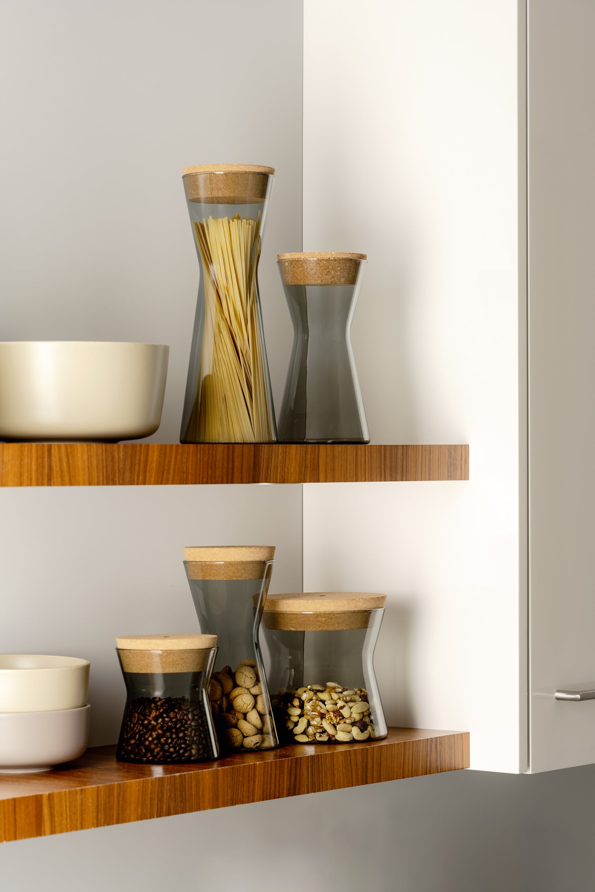 LEONARDO FORMA X – Vorratsdose 1,6 l, Ø 11 × 32 cm, Glas (Borosilikat)/Korkdeckel, Grau