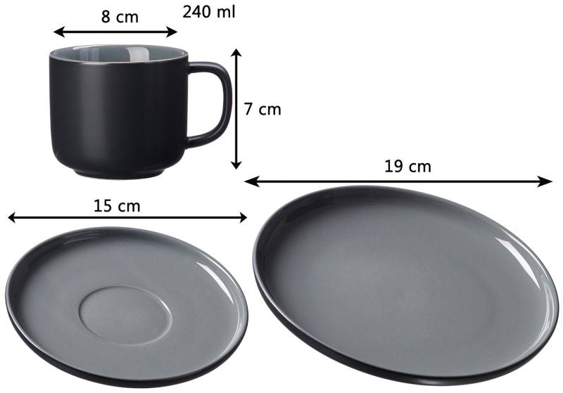 Ritzenhoff & Breker Frühstück-Serviceset Jasper – 12-teiliges Set, Ø 15 cm, Steingut, Schwarz, spülmaschinenfest