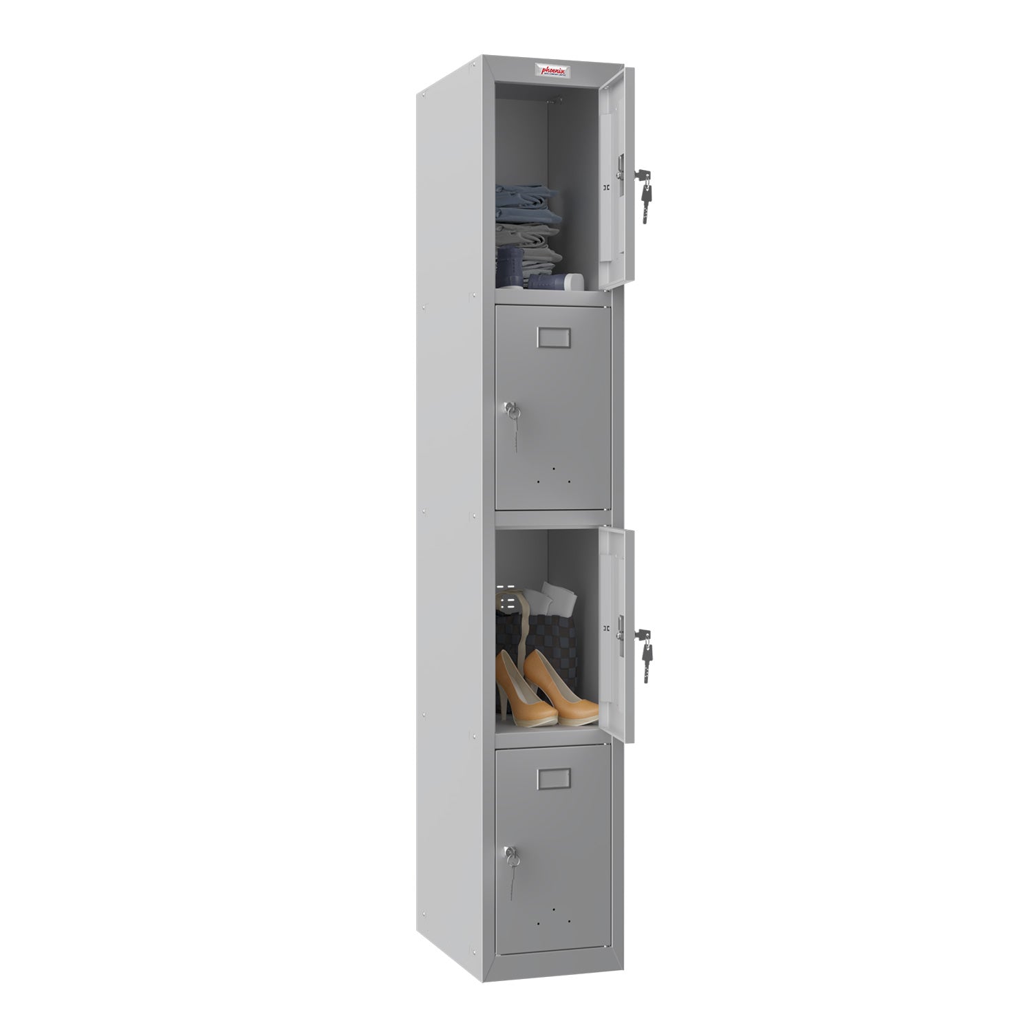 Phoenix Safe Co. PL1430 – Spind, 4 Fächer, abschliessbar, 300 × 500 × 1830 mm, grau, Stahl