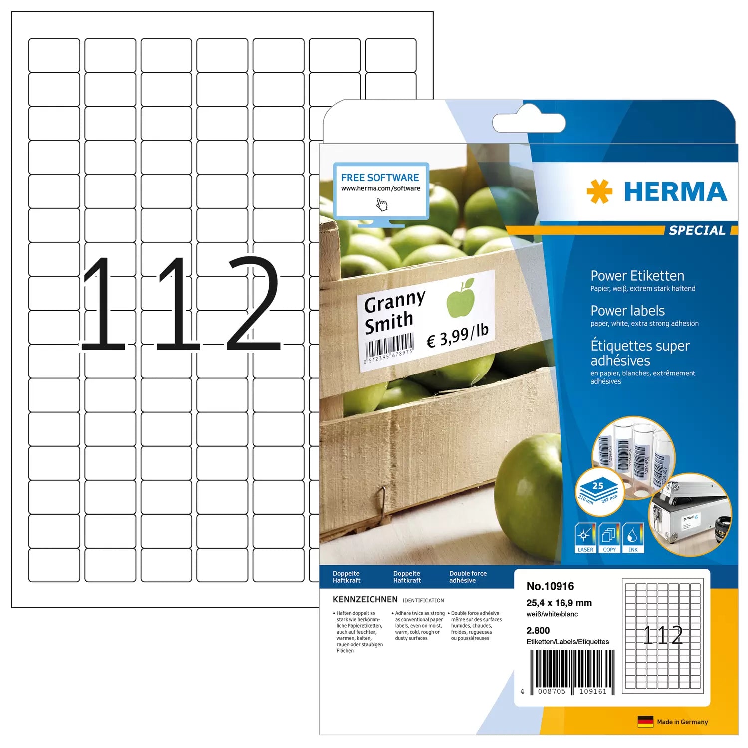 HERMA Druckeretiketten, 25 mm × 17 mm, weiss, Papier, extra stark, 25 Blatt