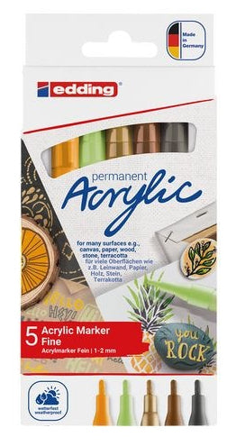 Edding Acrylmarker – sortiert (pastellgrün, sonnengelb, haselnuss, reichgold, anthrazit), 5er Set