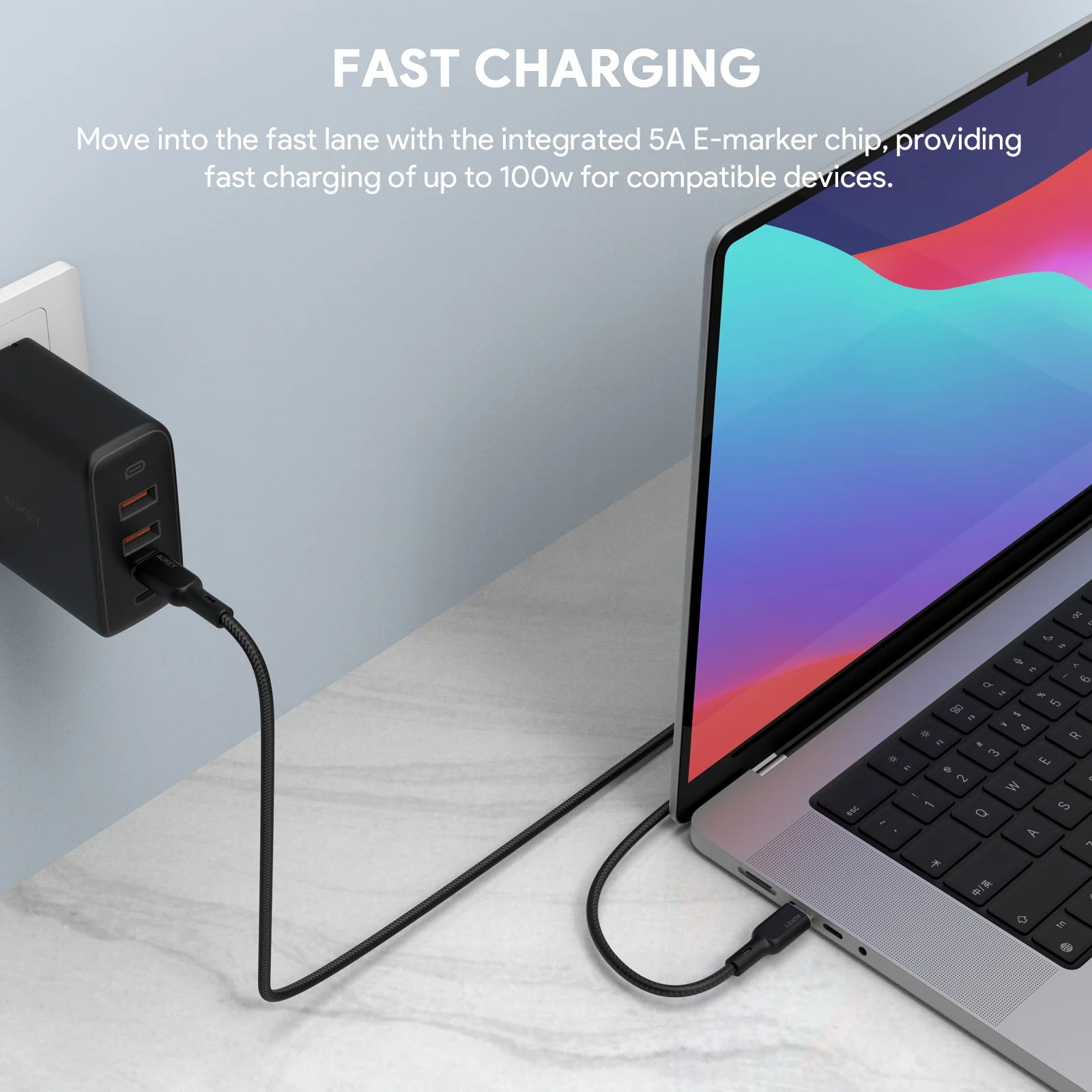 AUKEY USB-C-auf-USB-C-Kabel – USB 3.2 Gen 1 (5 Gbit/s) – 1 m – PD 100 W – Geflochten, Kevlar – Schwarz