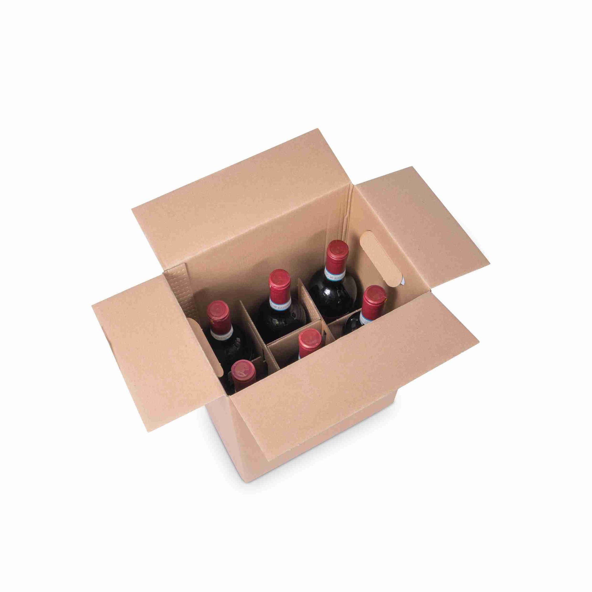 Model Flaschenverpackung – für 6 × 1,0 l, max. 350 mm & Ø90 mm – 270 × 180 × 354 mm, braun, Einlage – 1 Stk., ab 200 Stk.