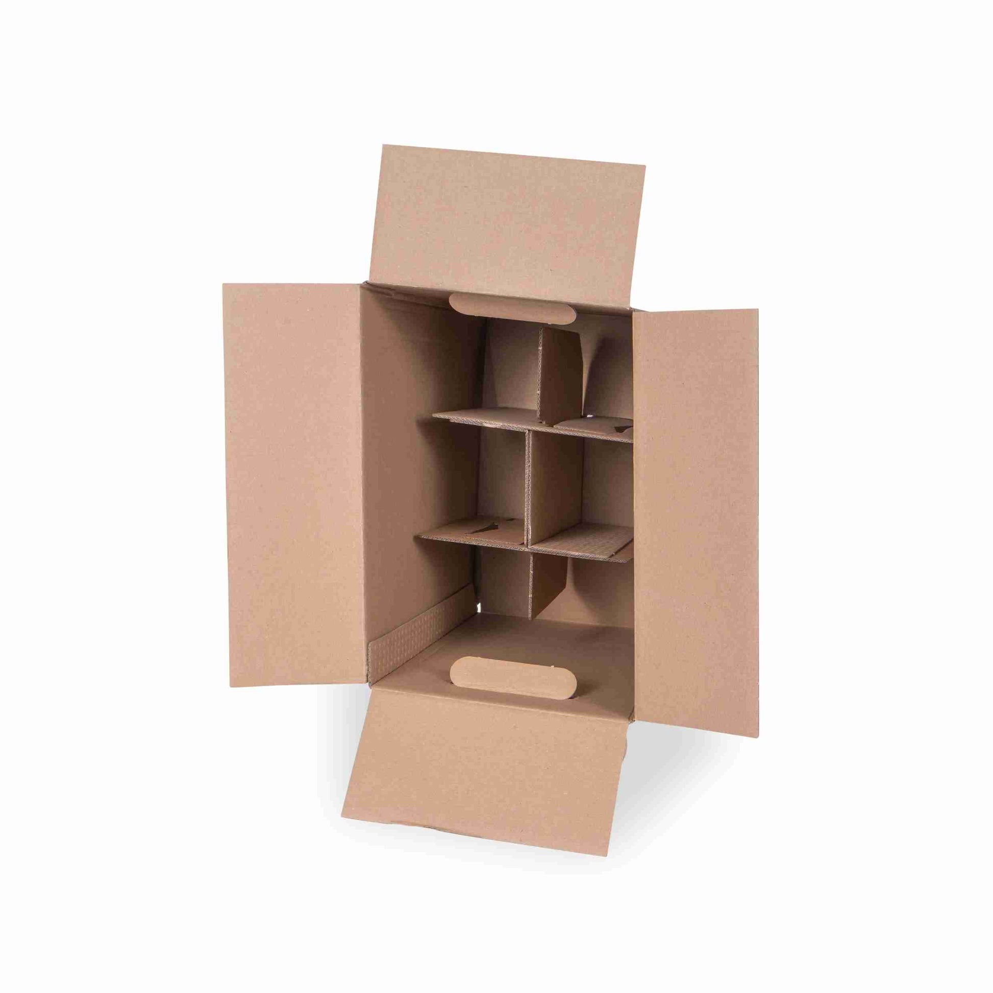 Model Flaschenverpackung – für 6 × 1,0 l, max. 350 mm & Ø90 mm – 270 × 180 × 354 mm, braun, Einlage – 1 Stk., ab 200 Stk.