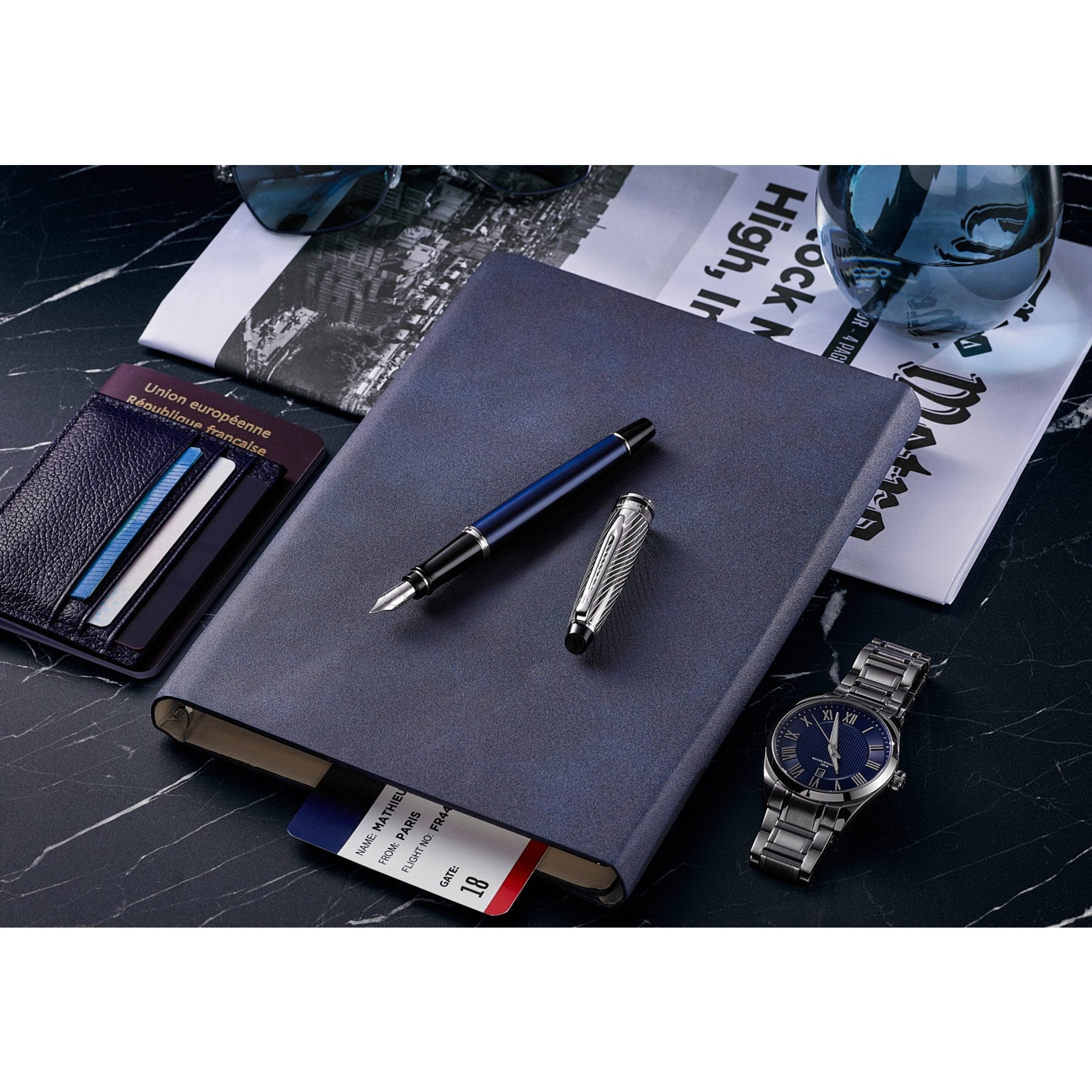 Waterman Expert Deluxe Palladium – Federspitze F – Metallic Blau